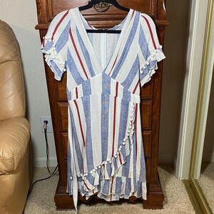 Striped V-Neck Dress with Pom-Pom Details